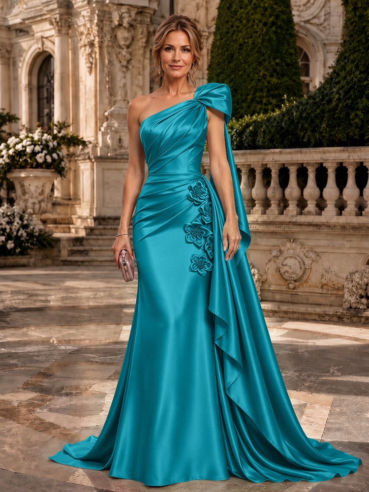Satin A-Line One Shoulder Long Evening Dresses with 3D Flowers