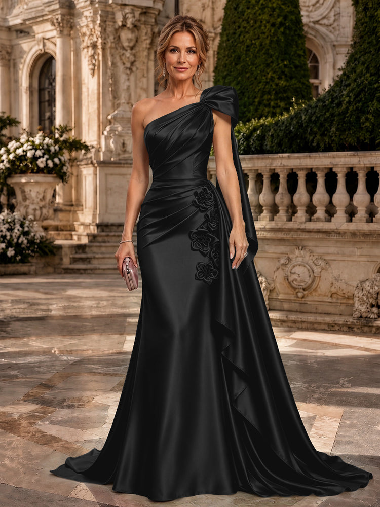 Satin A-Line One Shoulder Long Evening Dresses with 3D Flowers