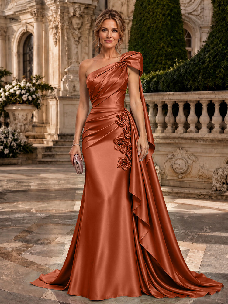 Satin A-Line One Shoulder Long Evening Dresses with 3D Flowers