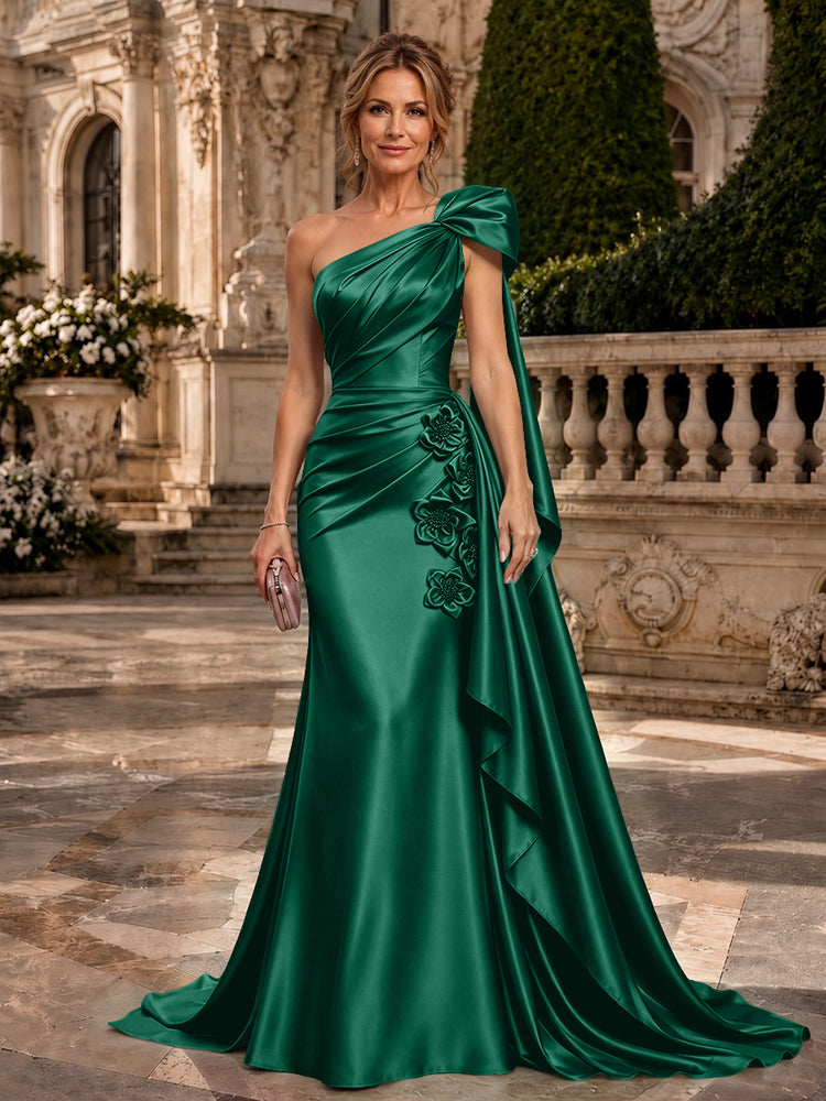 Satin A-Line One Shoulder Long Evening Dresses with 3D Flowers