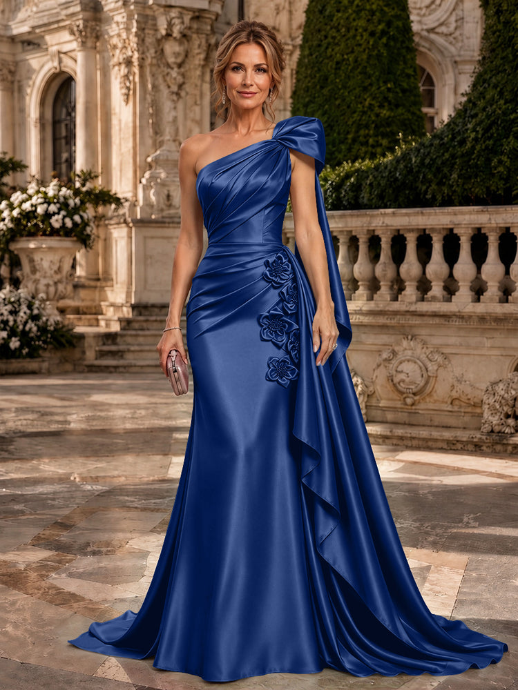 Satin A-Line One Shoulder Long Evening Dresses with 3D Flowers
