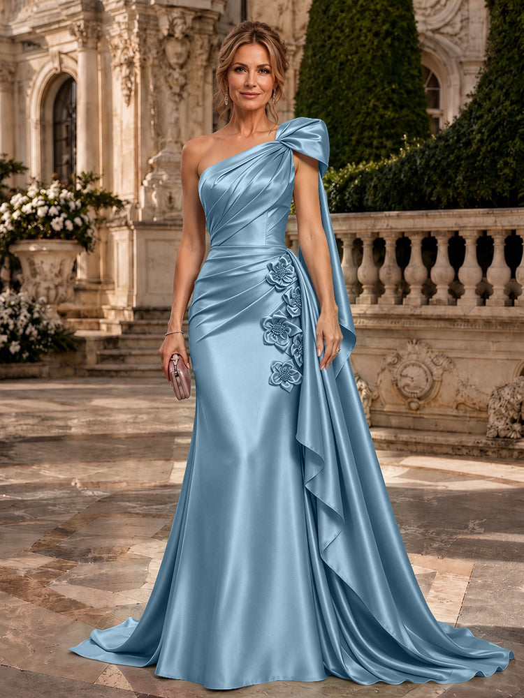 Satin A-Line One Shoulder Long Evening Dresses with 3D Flowers