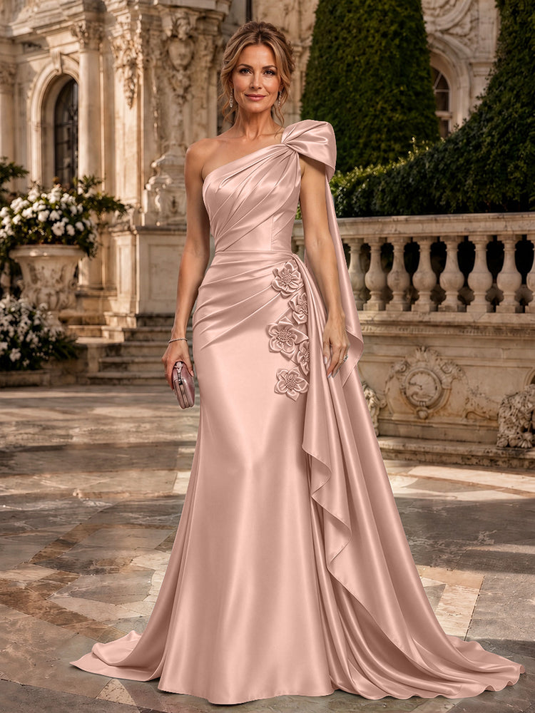 Satin A-Line One Shoulder Long Evening Dresses with 3D Flowers