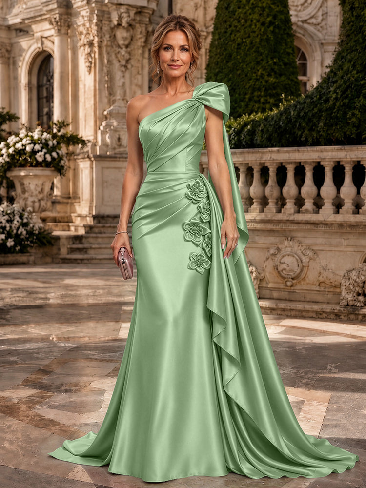 Satin A-Line One Shoulder Long Evening Dresses with 3D Flowers