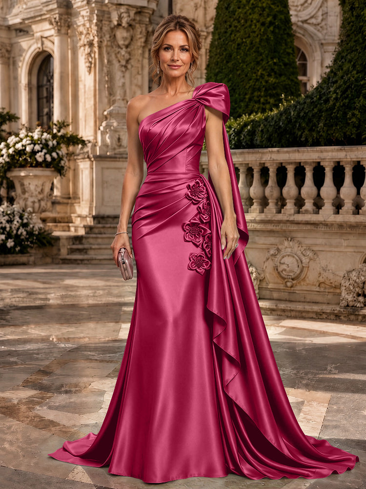 Satin A-Line One Shoulder Long Evening Dresses with 3D Flowers