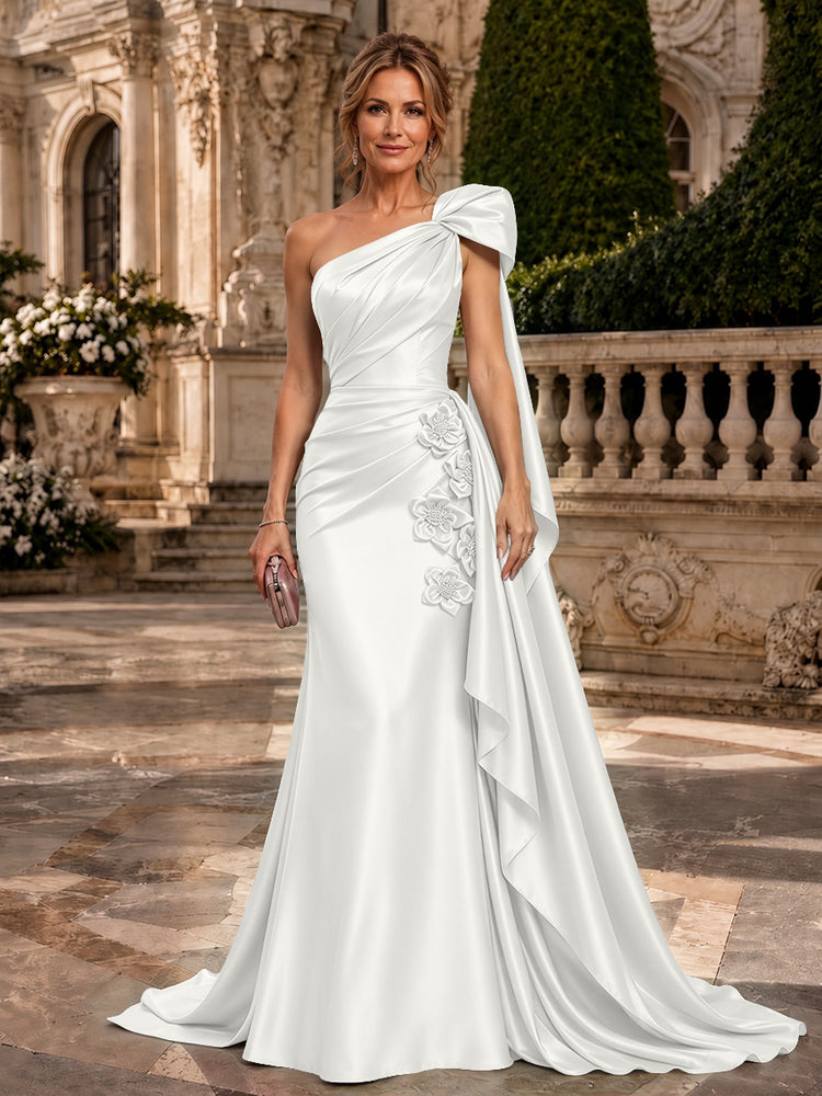 Satin A-Line One Shoulder Long Evening Dresses with 3D Flowers
