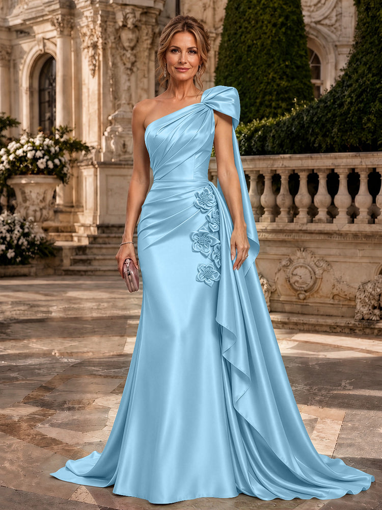 Satin A-Line One Shoulder Long Evening Dresses with 3D Flowers