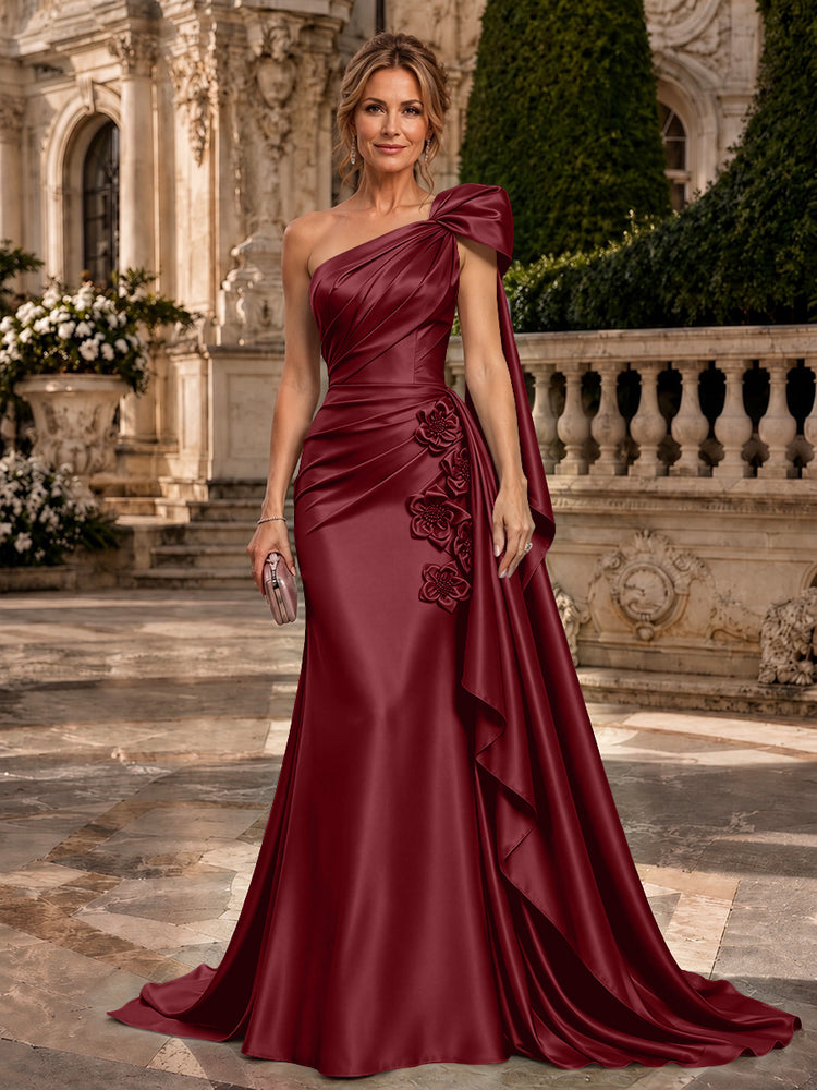 Satin A-Line One Shoulder Long Evening Dresses with 3D Flowers