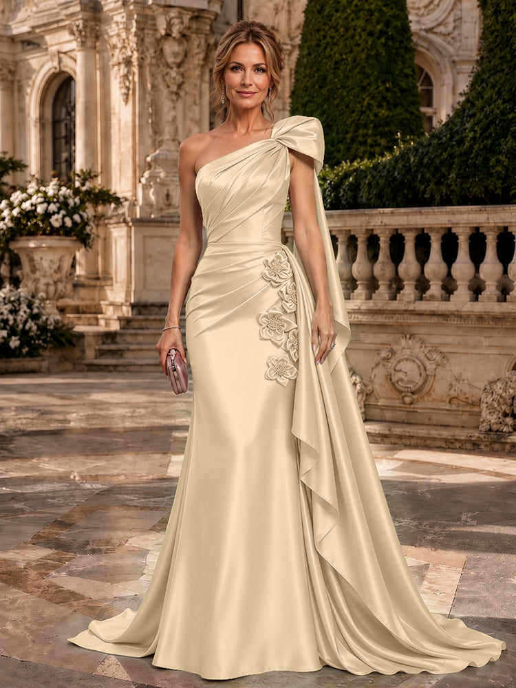 Satin A-Line One Shoulder Long Evening Dresses with 3D Flowers