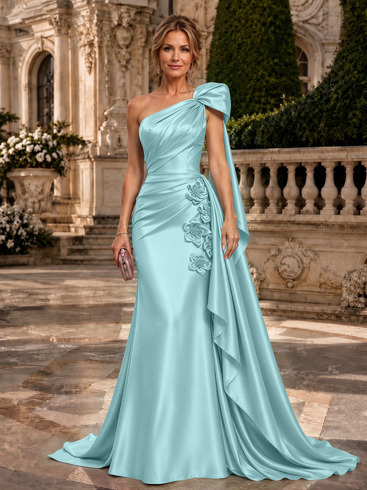 Satin A-Line One Shoulder Long Evening Dresses with 3D Flowers