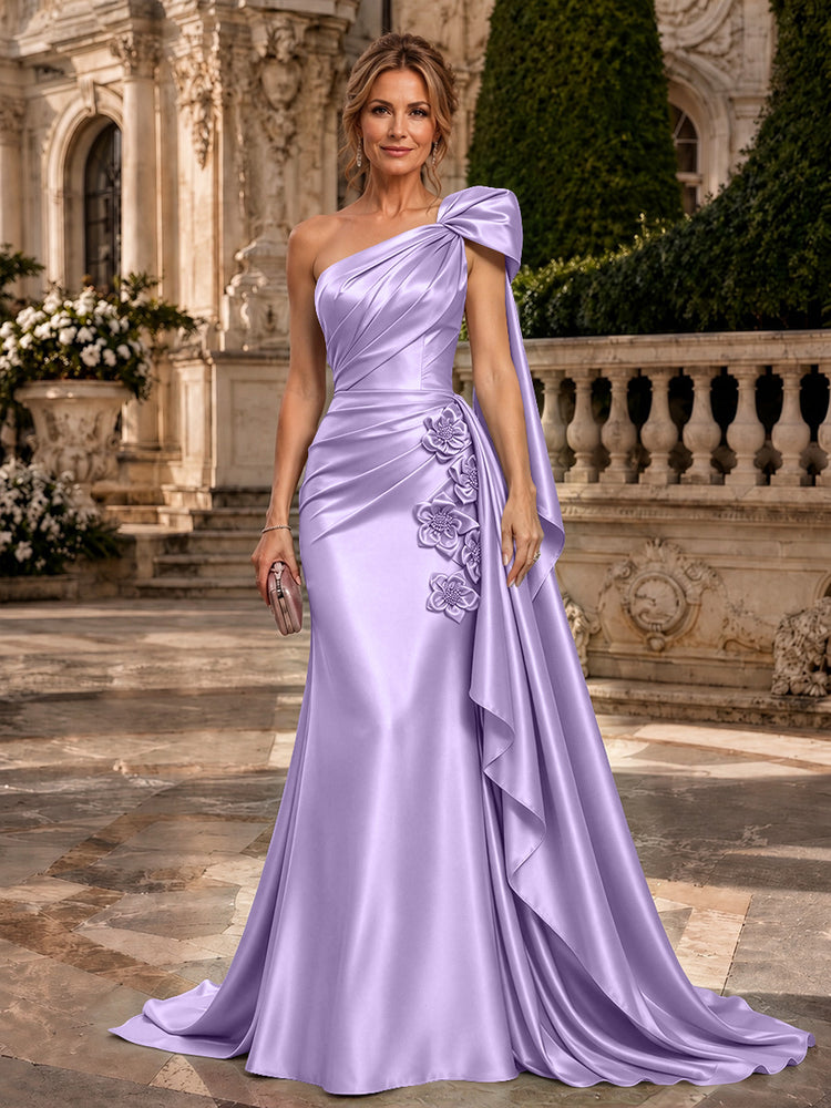 Satin A-Line One Shoulder Long Evening Dresses with 3D Flowers