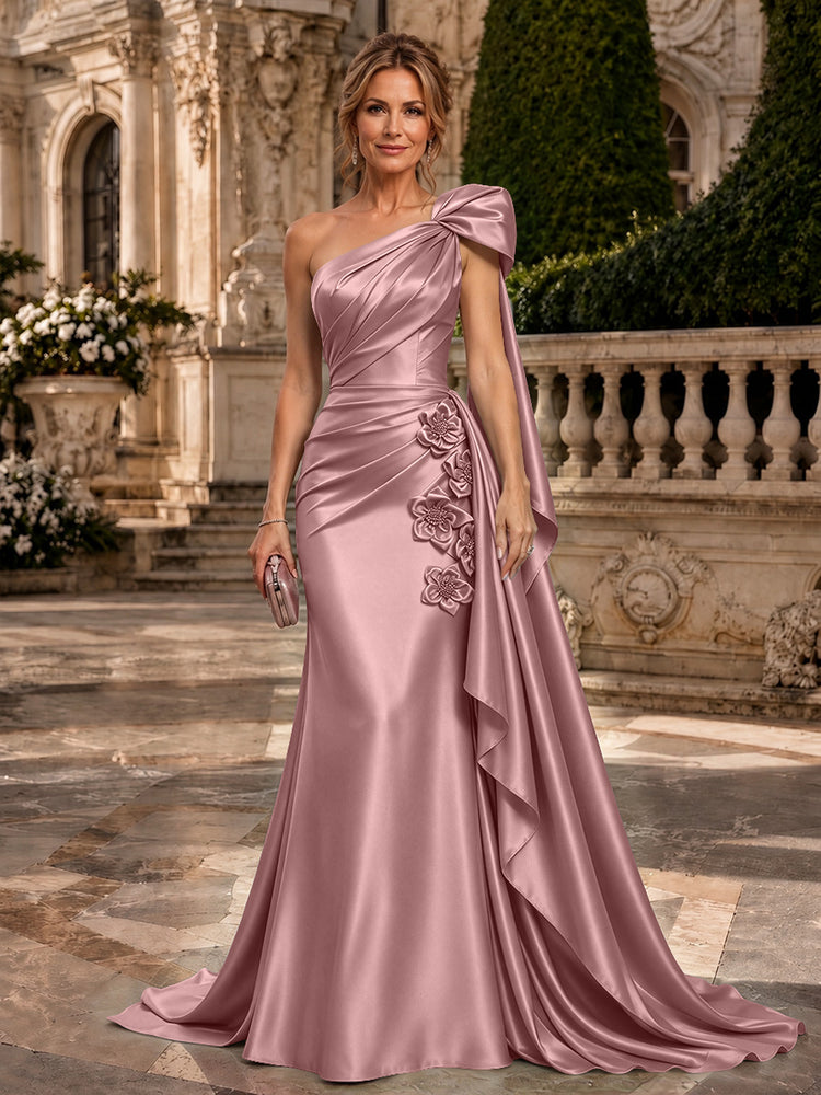 Satin A-Line One Shoulder Long Evening Dresses with 3D Flowers