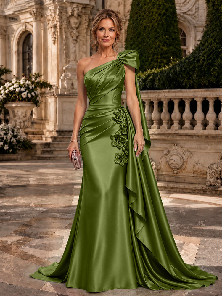 Satin A-Line One Shoulder Long Evening Dresses with 3D Flowers
