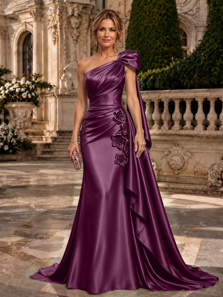 Satin A-Line One Shoulder Long Evening Dresses with 3D Flowers