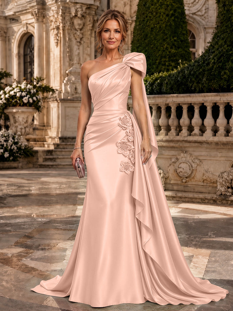 Satin A-Line One Shoulder Long Evening Dresses with 3D Flowers