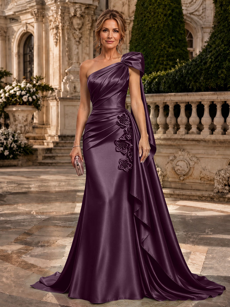 Satin A-Line One Shoulder Long Evening Dresses with 3D Flowers