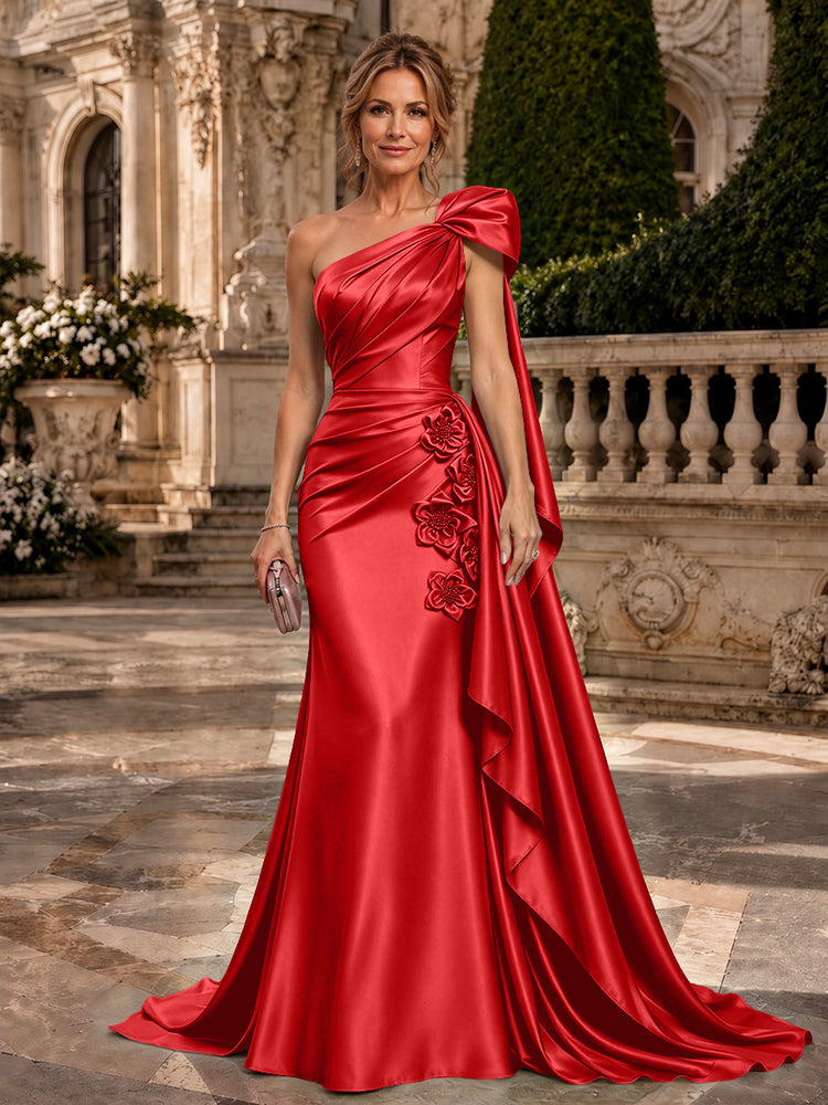 Satin A-Line One Shoulder Long Evening Dresses with 3D Flowers