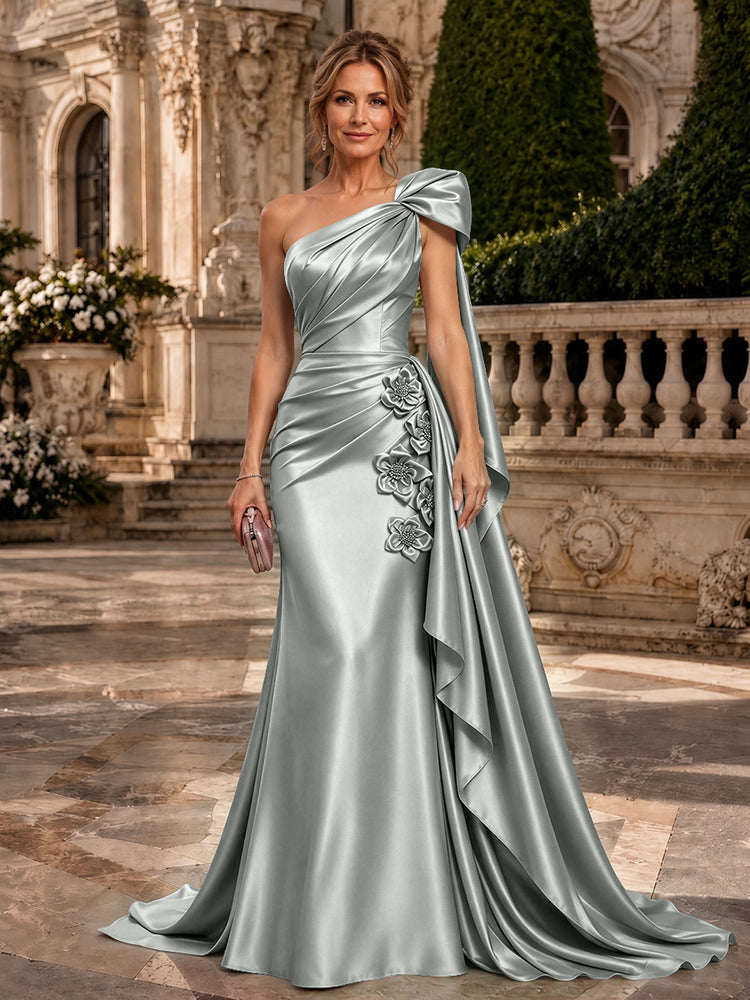 Satin A-Line One Shoulder Long Evening Dresses with 3D Flowers