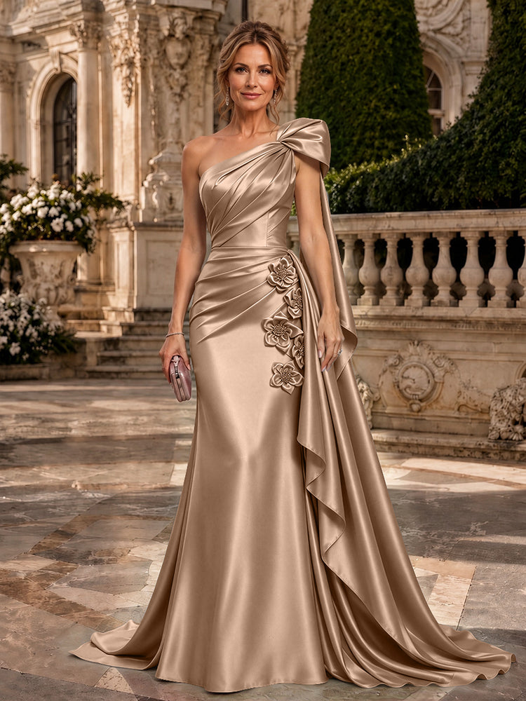 Satin A-Line One Shoulder Long Evening Dresses with 3D Flowers
