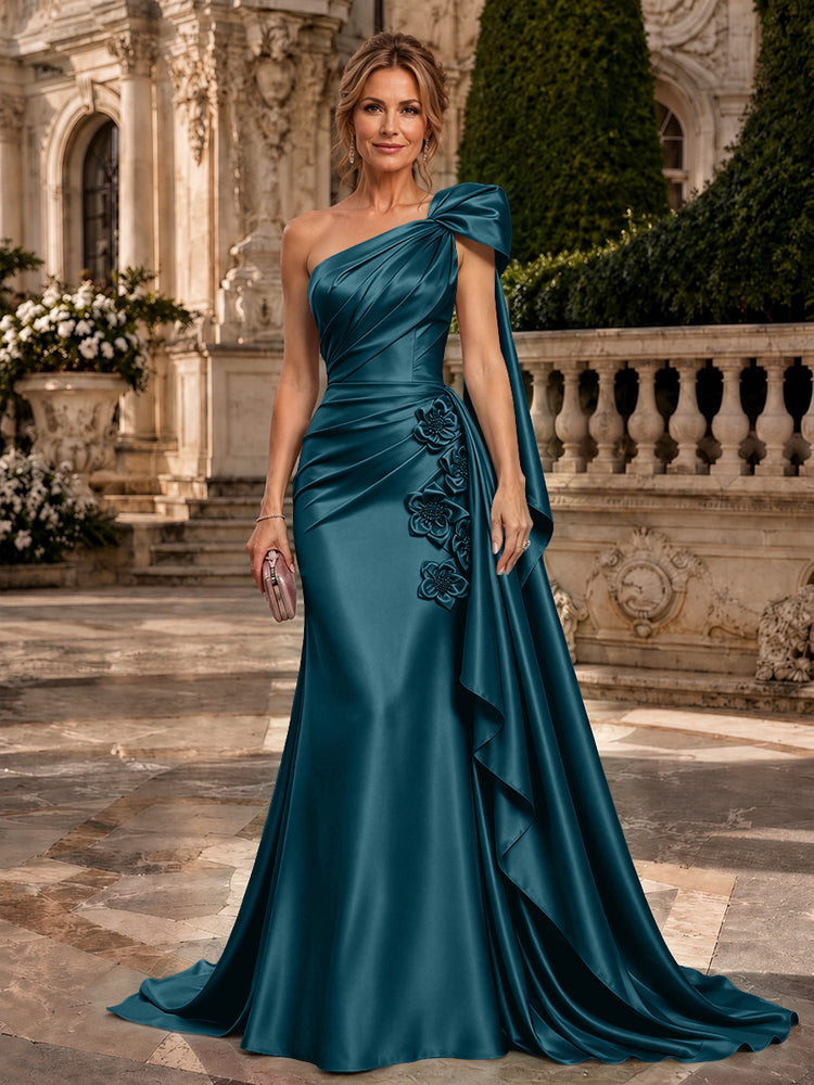 Satin A-Line One Shoulder Long Evening Dresses with 3D Flowers