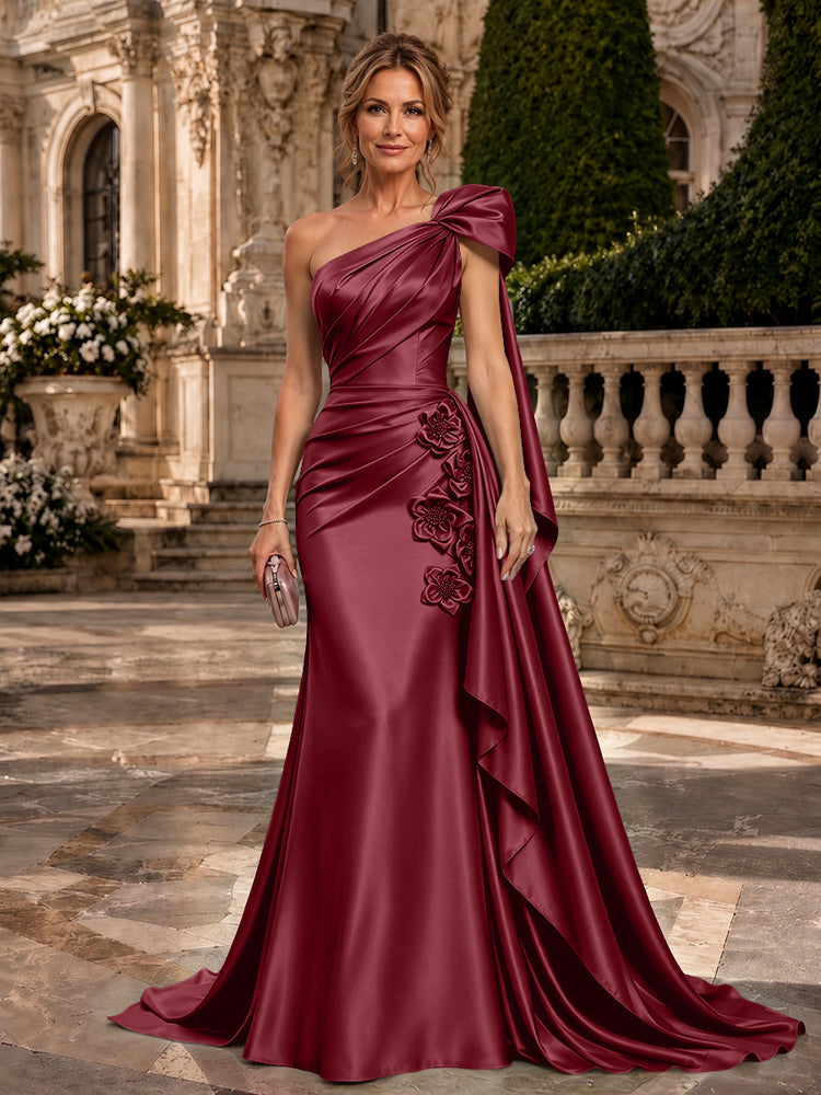 Satin A-Line One Shoulder Long Evening Dresses with 3D Flowers