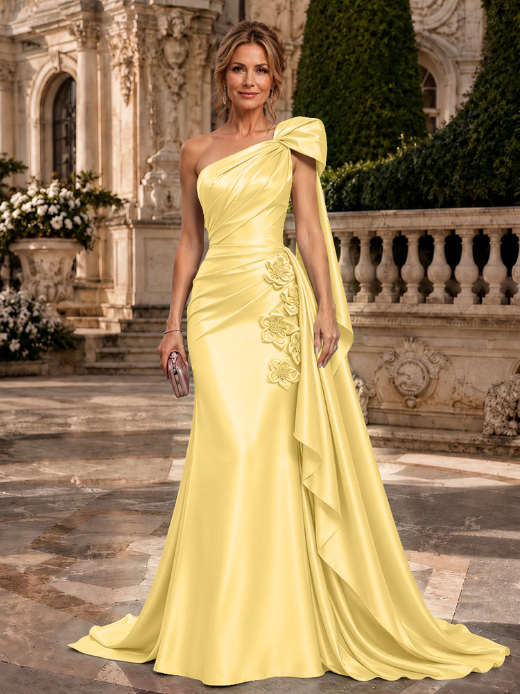 Satin A-Line One Shoulder Long Evening Dresses with 3D Flowers
