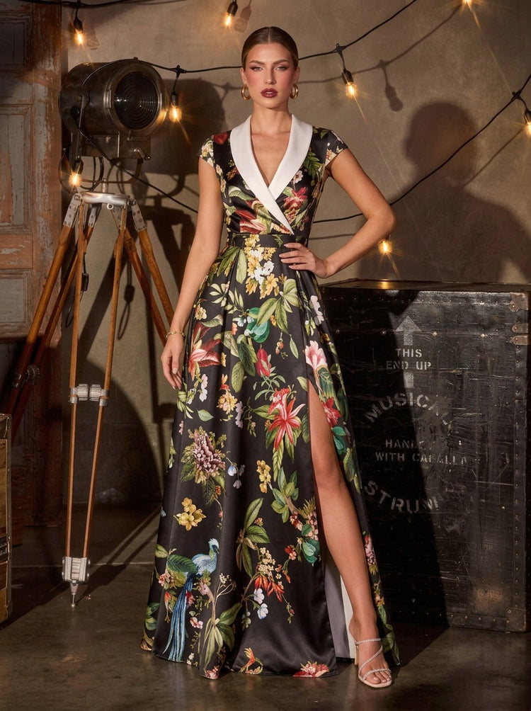 Floral Print A-Line V Neck Long Evening Dresses with Evening Dresses