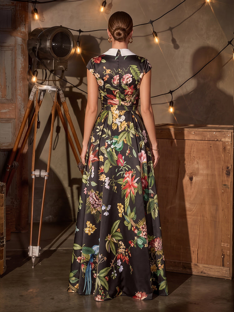 Floral Print A-Line V Neck Long Evening Dresses with Evening Dresses