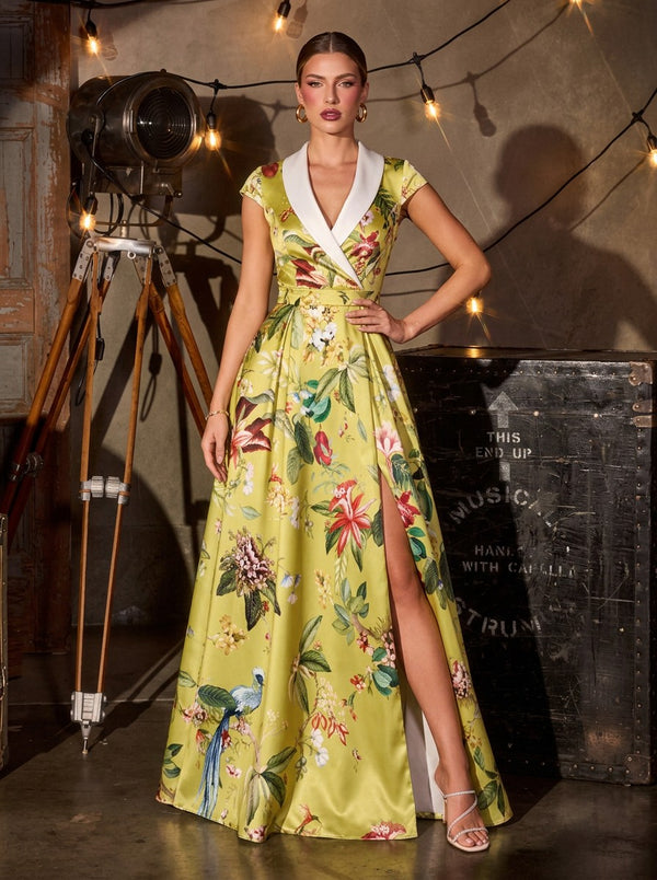 Floral Print A-Line V Neck Long Evening Dresses with Evening Dresses