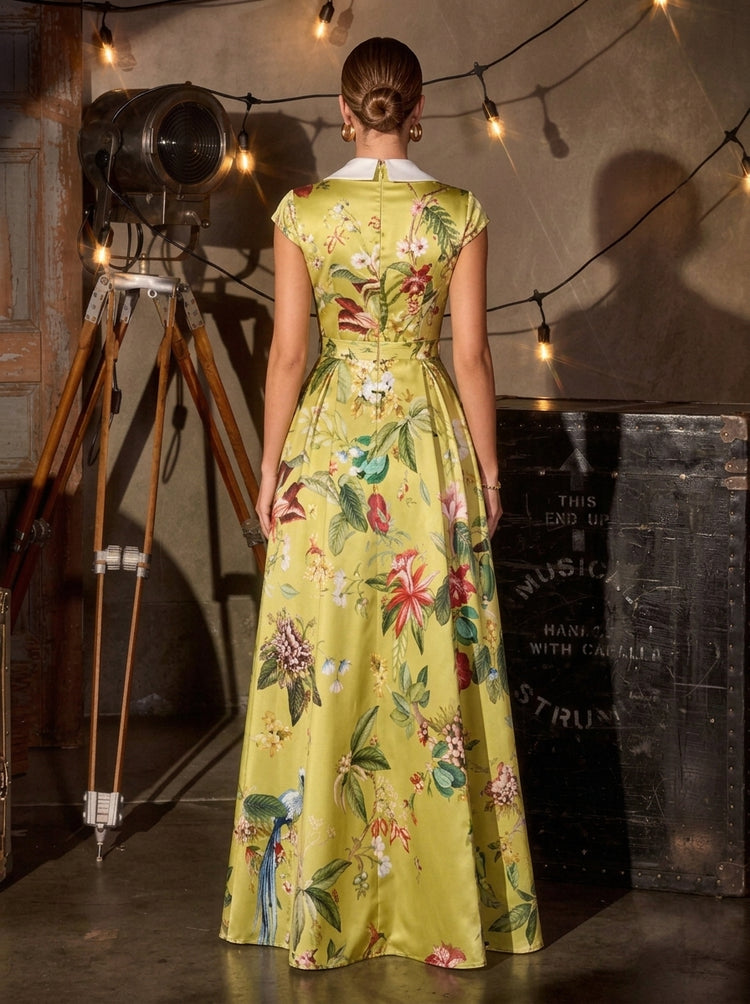 Floral Print A-Line V Neck Long Evening Dresses with Evening Dresses
