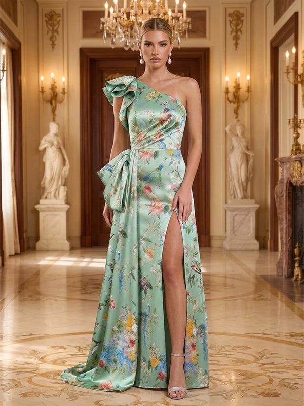 Floral Print A-Line One Shoulder Long Evening Dresses with Evening Dresses
