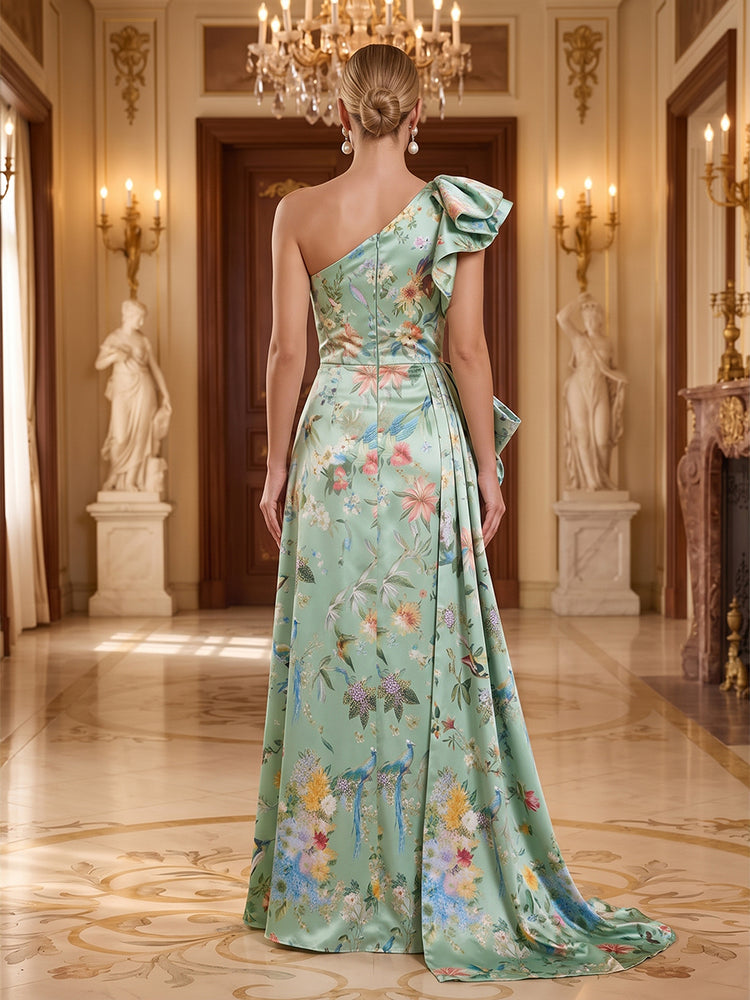 Floral Print A-Line One Shoulder Long Evening Dresses with Evening Dresses