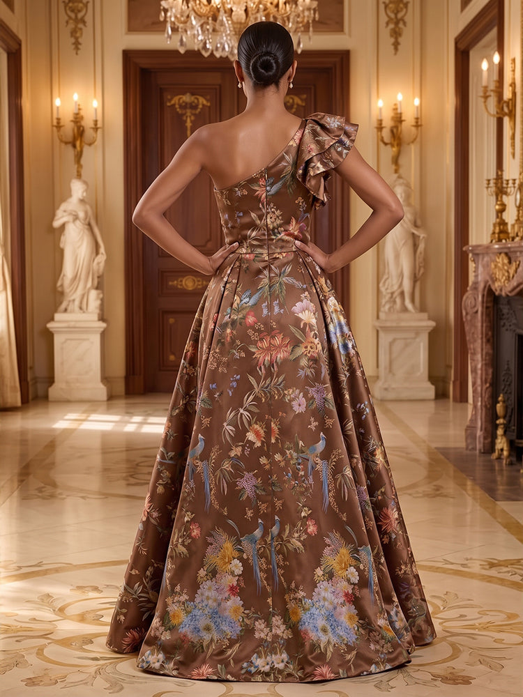 Floral Print A-Line One Shoulder Long Evening Dresses with Evening Dresses