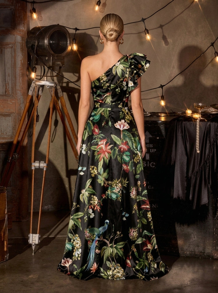 Floral Print A-Line V Neck Long Evening Dresses with Evening Dresses