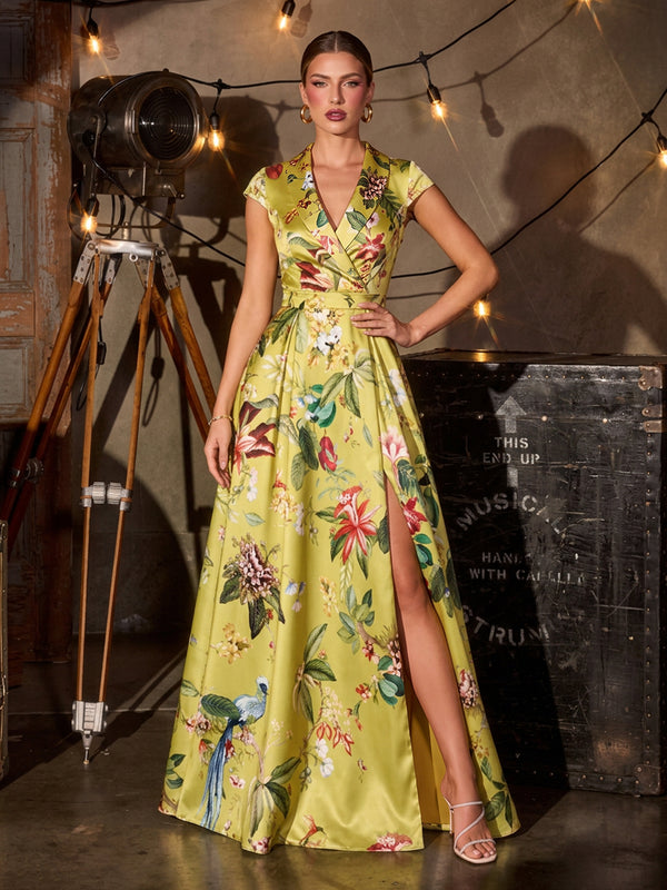 Floral Print A-Line V Neck Long Evening Dresses with Evening Dresses