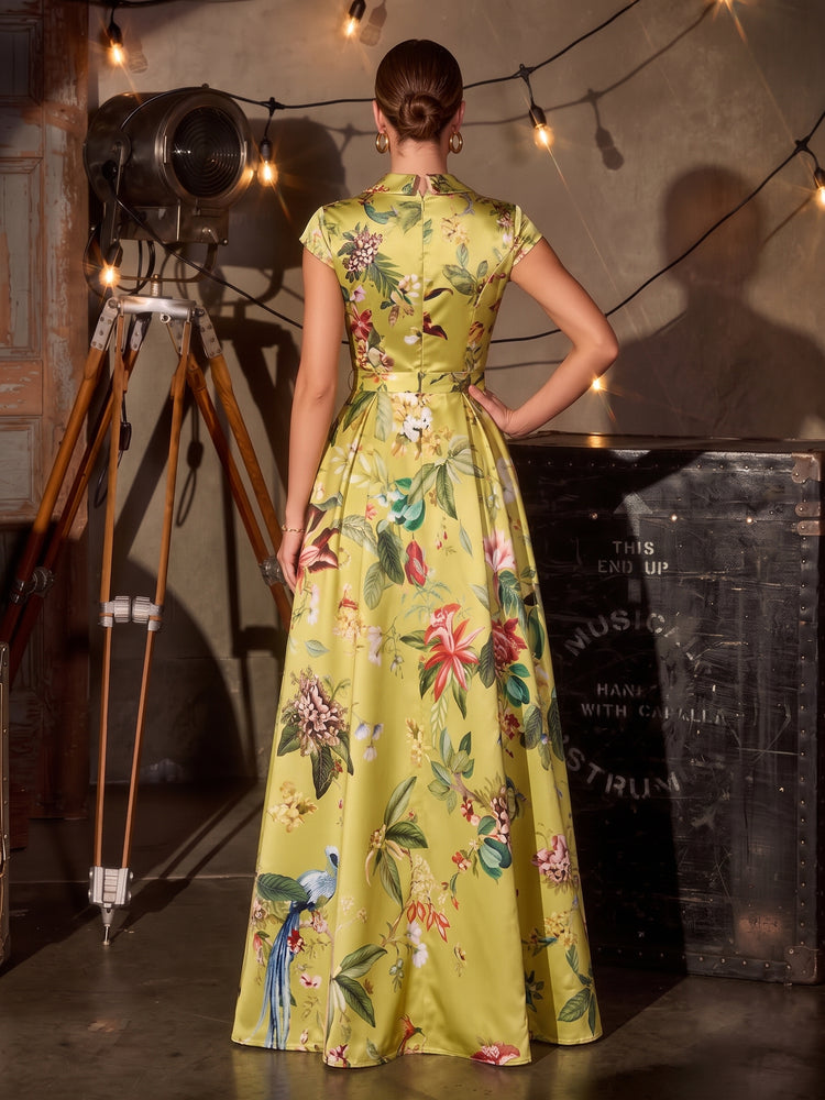 Floral Print A-Line V Neck Long Evening Dresses with Evening Dresses
