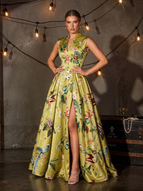 Floral Print A-Line V Neck Long Evening Dresses with Evening Dresses