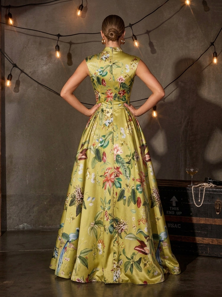 Floral Print A-Line V Neck Long Evening Dresses with Evening Dresses