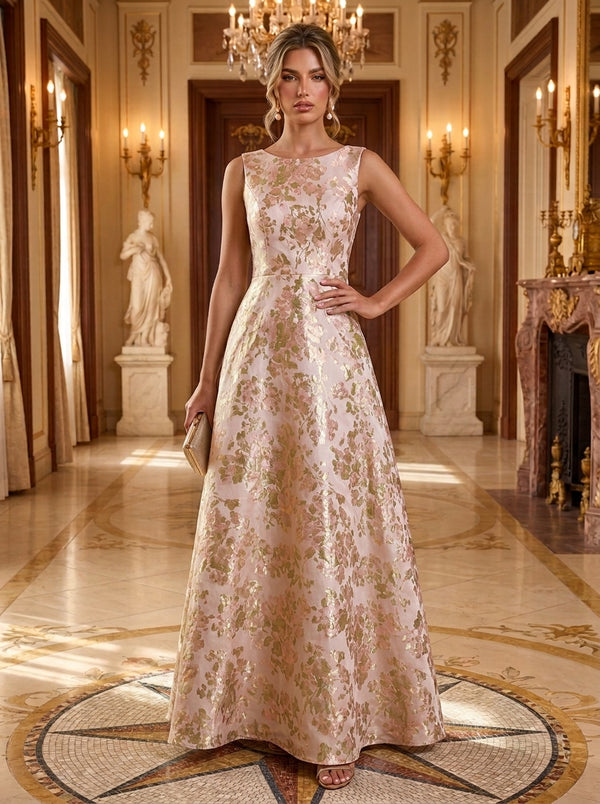 Jacquard A-Line Round Neck Long Evening Dresses with Evening Dresses