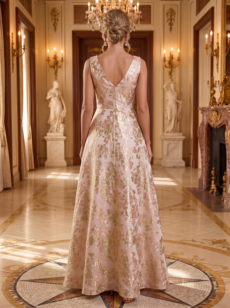 Jacquard A-Line Round Neck Long Evening Dresses with Evening Dresses