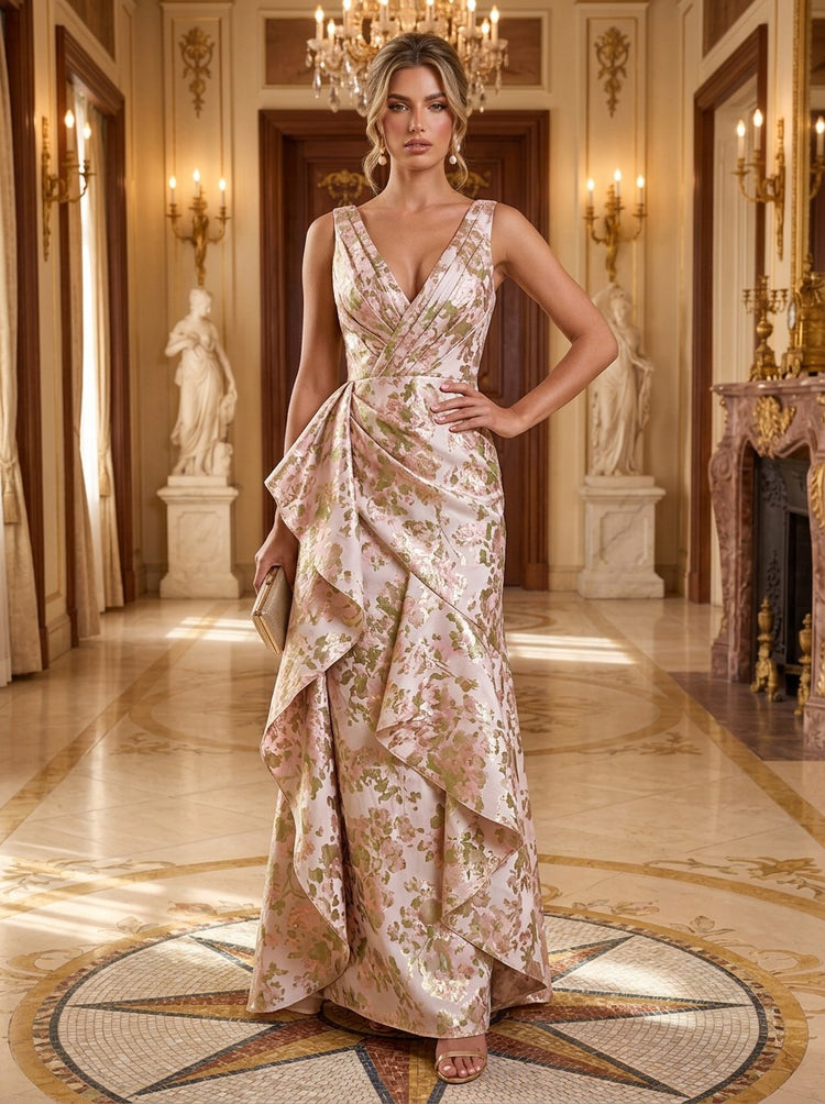 Jacquard A-Line V Neck Long Evening Dresses with Evening Dresses