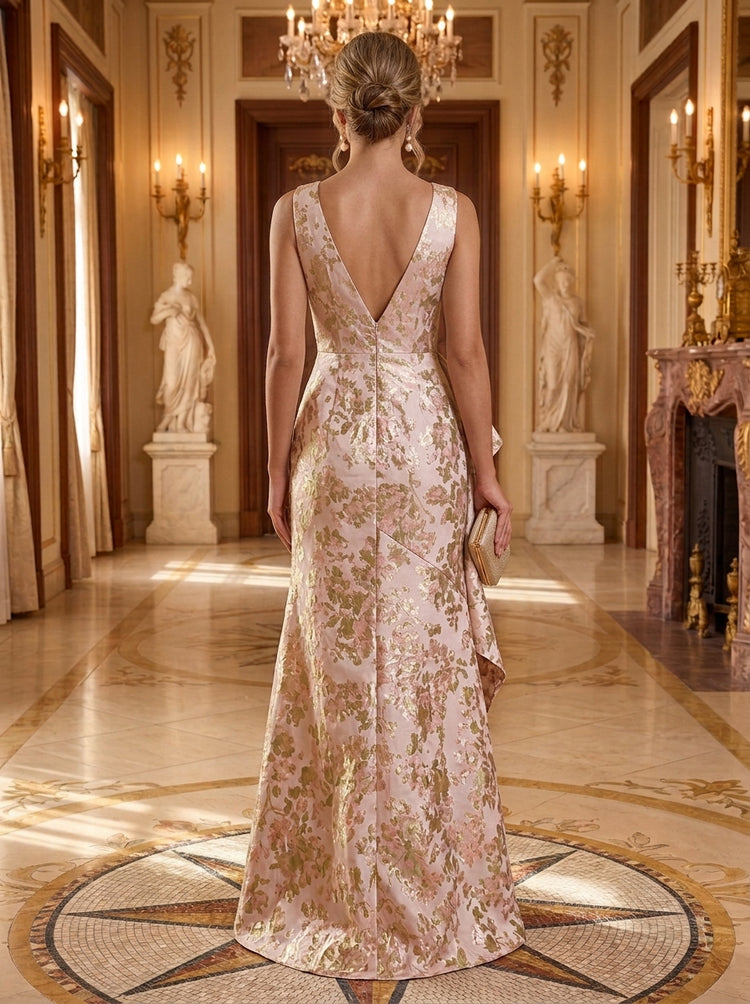 Jacquard A-Line V Neck Long Evening Dresses with Evening Dresses