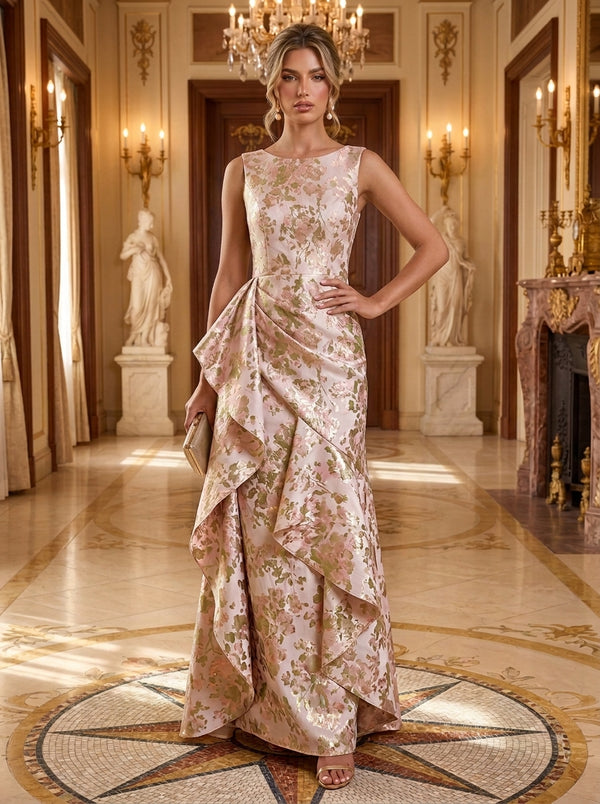 Jacquard Mermaid Round Neck Long Evening Dresses with Evening Dresses