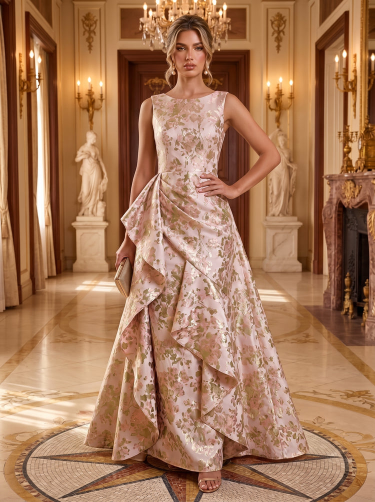 Jacquard A-Line Round Neck Long Evening Dresses with Evening Dresses