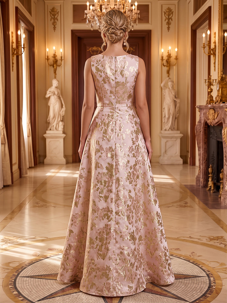 Jacquard A-Line Round Neck Long Evening Dresses with Evening Dresses