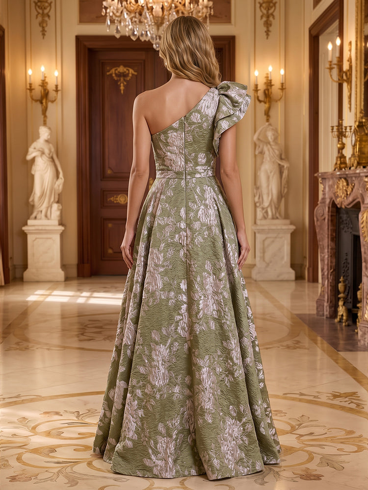 Jacquard A-Line One Shoulder Long Evening Dresses with Evening Dresses