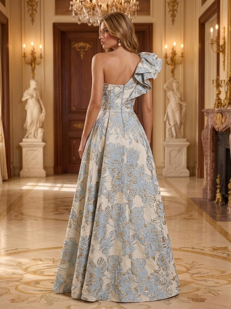Jacquard A-Line One Shoulder Long Evening Dresses with Evening Dresses