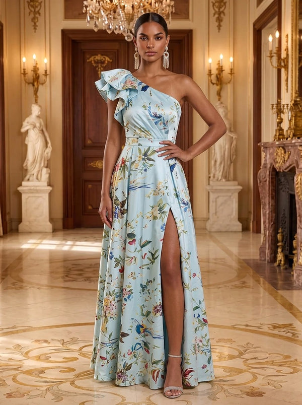 Floral Print A-Line One Shoulder Long Evening Dresses with Evening Dresses