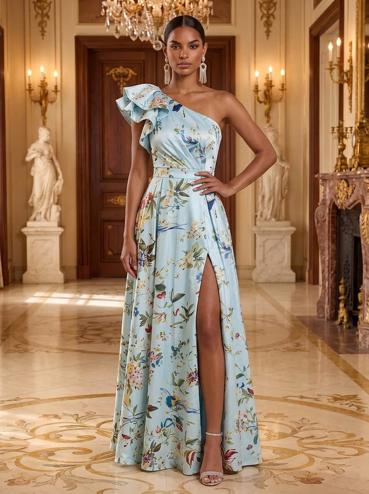 Floral Print A-Line One Shoulder Long Evening Dresses with Evening Dresses