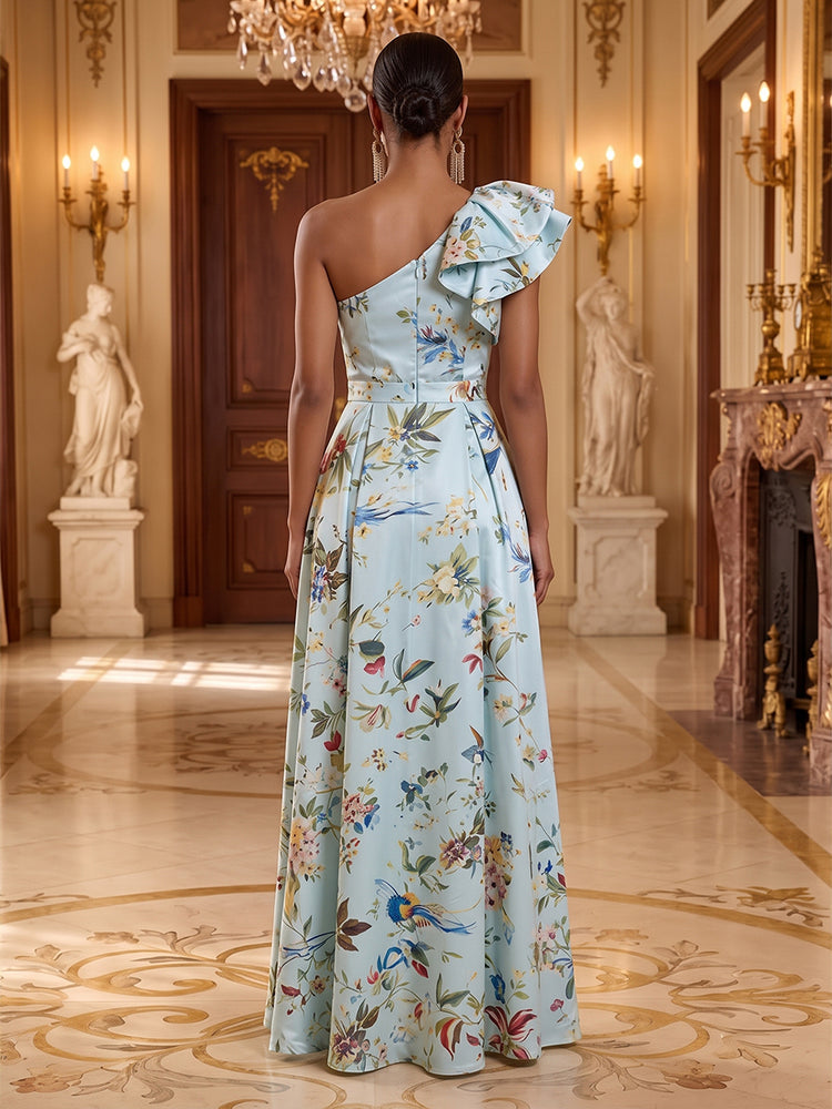 Floral Print A-Line One Shoulder Long Evening Dresses with Evening Dresses